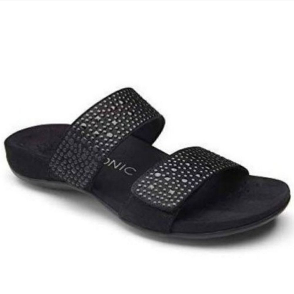 Vionic Rest Samoa Embellished Studded Black Suede‎ Leather Double Strap Sandals